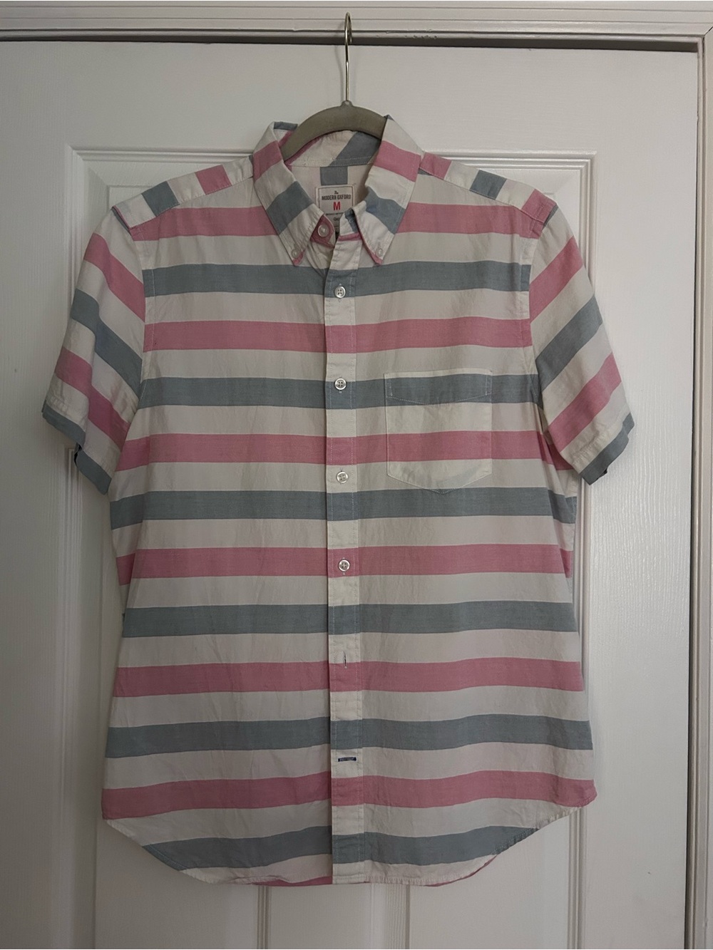 Men's Short-Sleeve Button-Down Shirt in Pink & Gray Stripes